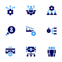 Business management icon set. Bold style. Duotone colors. search, team management, risk management, executive, hierarchy, directions, job, money management, cooperation