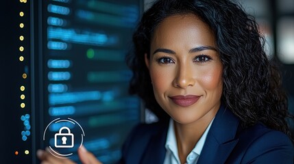 Confident professional woman working in cybersecurity, focused and skilled in her field.