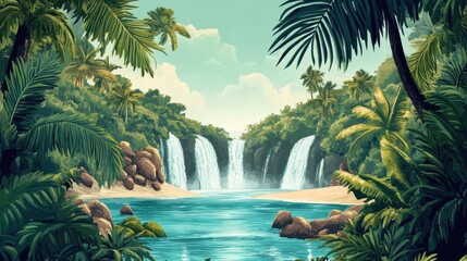 Tranquil Waterfall Scene in Lush Tropical Paradise