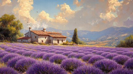 Serene Lavender Field with Farmhouse and Mountain Views