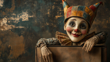 Antique Jack-in-the-Box clown with a charming smile and vintage style against a textured background. April Fool’s Day