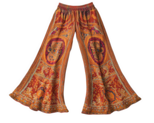 Bohemian style bell bottom pants with vibrant orange and intricate patterns, perfect for retro look. These pants are ideal for casual outings or festivals