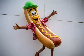 A cheerful hot dog mascot figure with a green hat, red and white striped shirt, and mustard topping. It has cartoonish features and is posed dynamically.