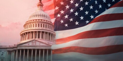 Neoclassical United States Capitol with waving American flag against a vibrant sunset sky, evoking patriotism and national pride.