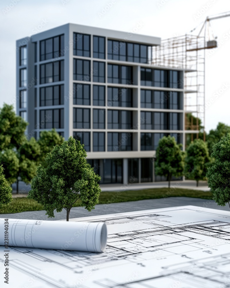 Poster a modern building under construction, with blueprints in the foreground and surrounding greenery, sh