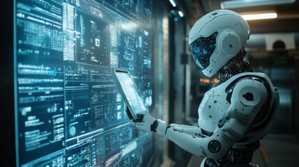 Fototapeta premium White Robot Using Tablet Against a Blue Digital Background