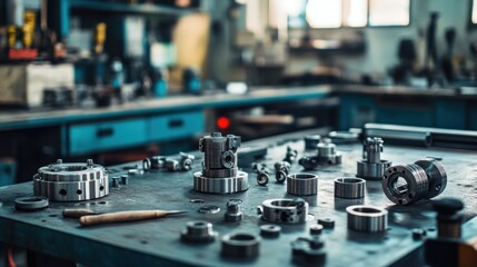 Naklejka premium A cluttered workshop table with various mechanical parts and tools for assembly and repair.
