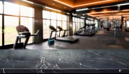 Empty black marble stone table top on blurred with bokeh Exercise room, fitness and gym. interior of the gym