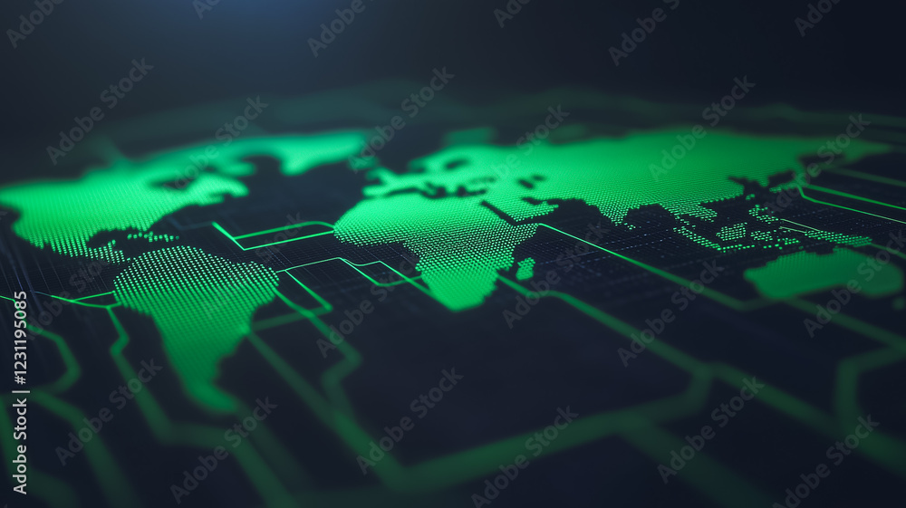 Aufkleber global network: a vibrant, green world map emerges from a complex network of digital circuits, symbo