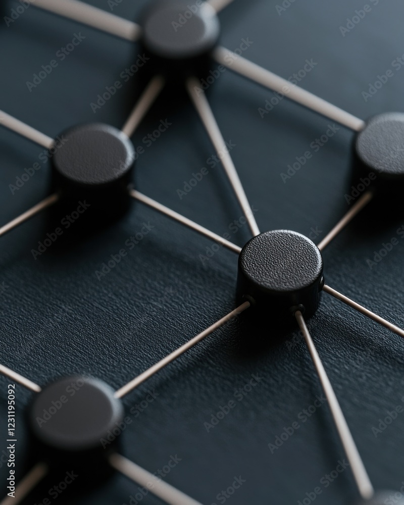 Poster a close-up of a geometric pattern featuring black circular pieces connected by thin lines on a dark 