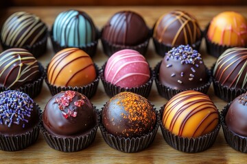 Obraz premium Delicious Assorted Gourmet Chocolate Truffles Arranged on a Rustic Wooden Board.
