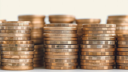 Stacks of Coins:  Close-up view of numerous stacks of copper-colored coins, arranged in varying heights, creating a visual representation of wealth, savings, or financial growth. 
