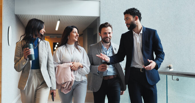 Discussion, walking or business people in lobby for project, group schedule or conference hall advice. Staff, teamwork or keynote speaker with smile in meeting for networking, seminar or event review