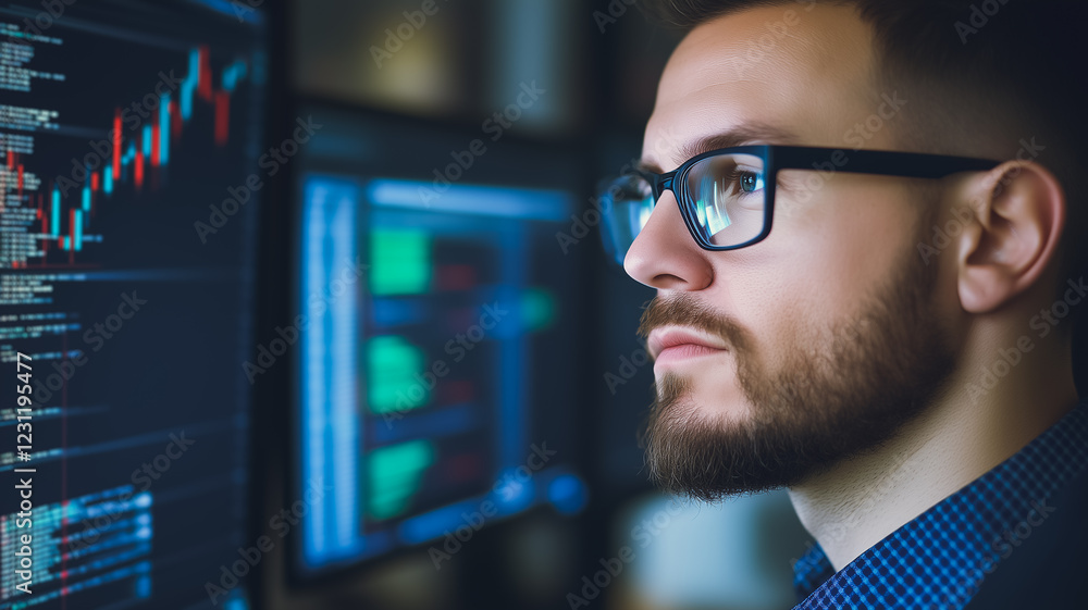 Poster focused analyst: a young, serious man with glasses and a beard intently studies data on multiple com