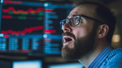 Fototapeta premium Man looking at financial charts on multiple screens with an expression of shock