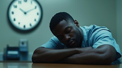 Fototapeta premium Fatigued male nurse sleeping in hospital with clock in background