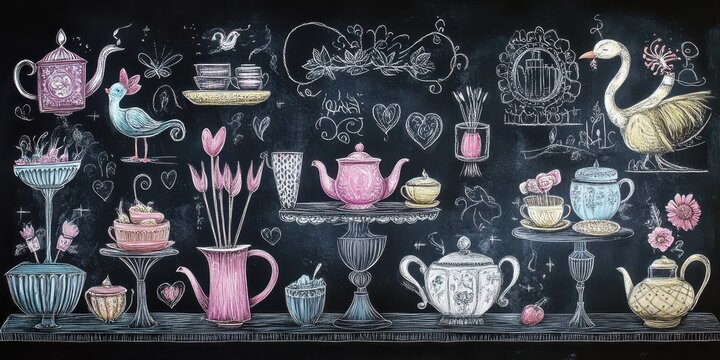 Chalkboard Illustration Of Tea Party With Birds And Flowers