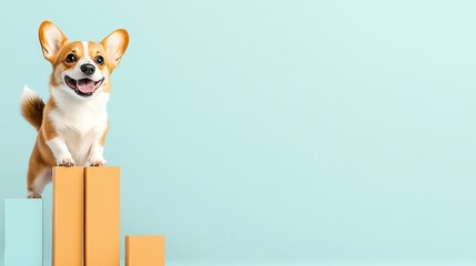 Pet market growth , pet industry graph 2 D presentation flat art Happy corgi standing on colorful blocks.