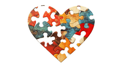 Colorful puzzle pieces forming a heart shape on transparent background