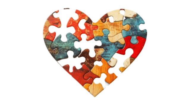 Colorful puzzle pieces forming a heart shape on transparent background