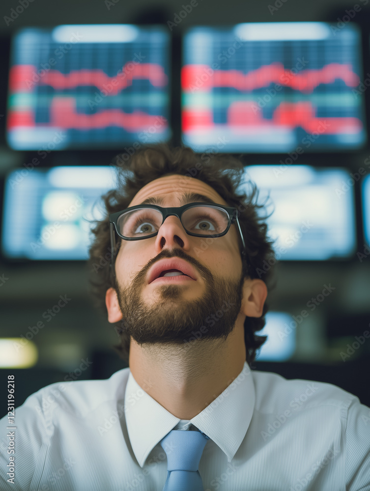 Aufkleber stock trader staring at screens: a focused, young male stockbroker gazes intently upward at multiple