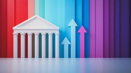 Fototapeta premium Financial Growth and Stability: A 3D rendering of a classical building symbolizing financial institution with upward pointing arrows, set against a vibrant backdrop of vertical color bars.