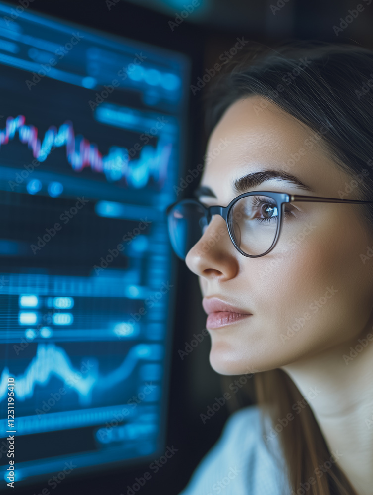 Poster data analysis focus: a young woman in glasses, intently focused on a computer screen displaying dyna