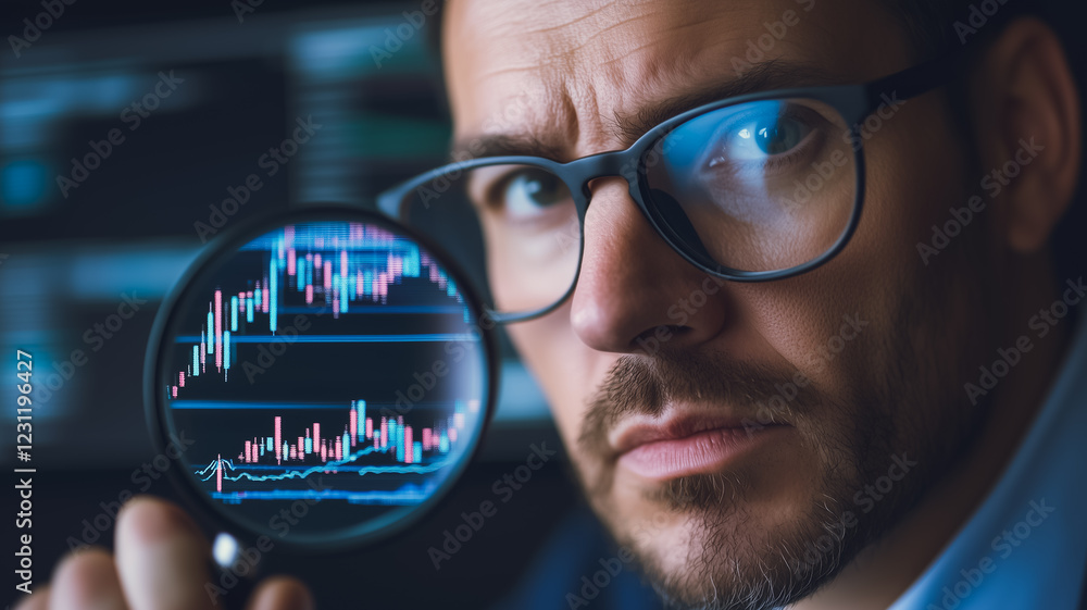 Poster market analysis under the microscope: a determined trader scrutinizes stock market data through a ma