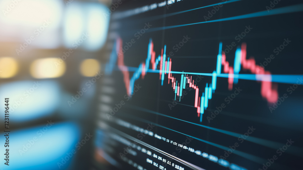 Poster stock market volatility: a close-up view of a computer screen displaying a fluctuating stock market 