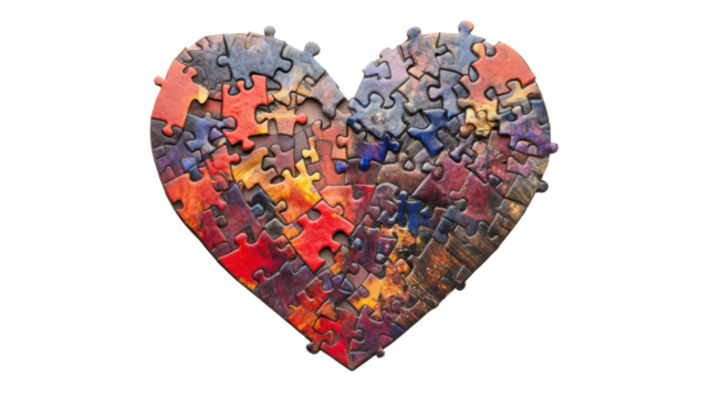 Colorful jigsaw puzzle forming a heart shape on transparent background