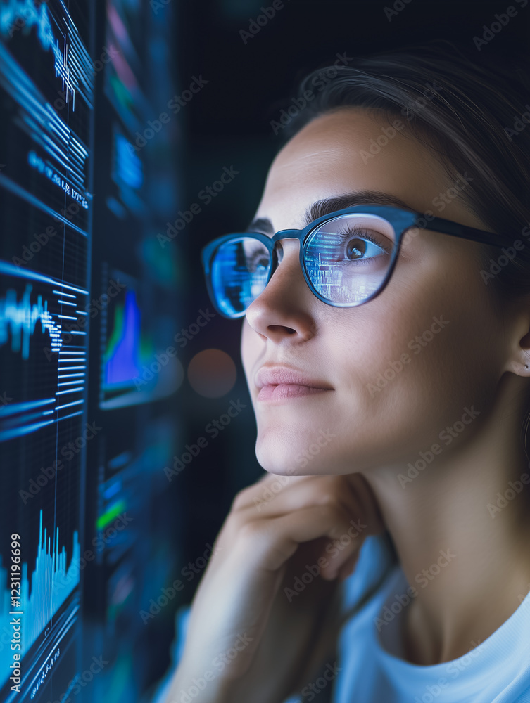 Aufkleber data analyst at work: a focused female data analyst wearing glasses, thoughtfully studies complex da