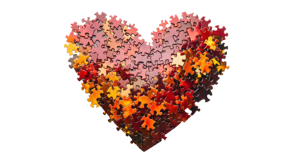 Puzzle pieces forming a heart shape on transparent background