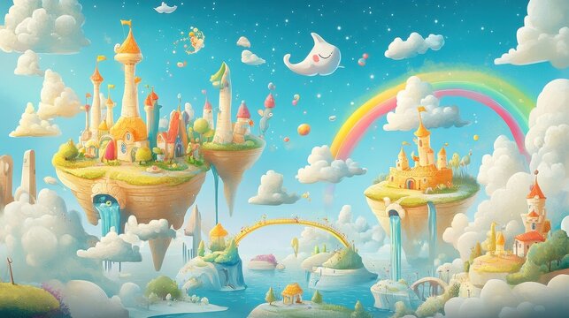 Floating Castles and Islands in a Dreamlike Sky