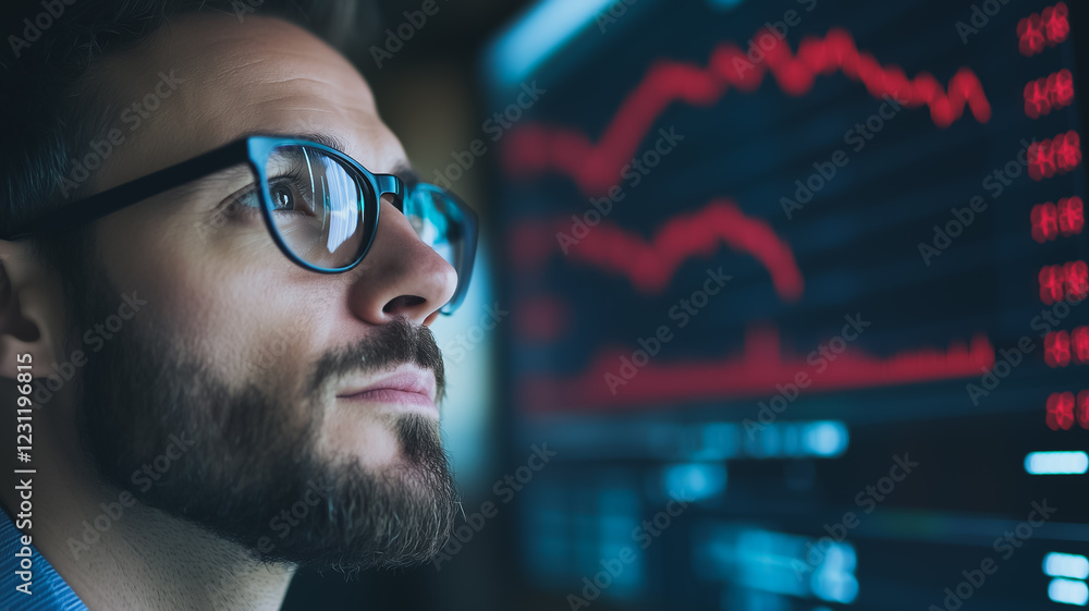 Aufkleber market analyst: a focused man with glasses intently studies a large screen displaying a dynamic stoc