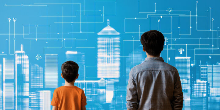 Two children gaze at a futuristic cityscape with digital overlays, symbolizing innovation, technology, and imagination.