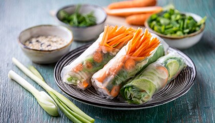 vegetables on a wooden table. Vegan spring rolls with carrots, cucumber, green onions and rice noodles, selective focus. 