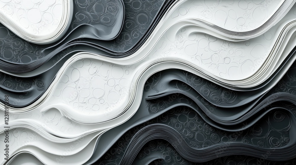 Poster abstract wave-like shapes create a sophisticated texture in a gradient of black to white. the design