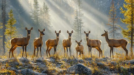 Forest clearing with sunlight streaming through tall trees and deer grazing in the distance