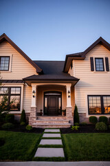 Luxury Home Exterior at Dusk: Modern Architectural Design, Landscaping, and Stonework