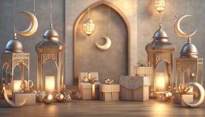 Fototapeta premium Festive Ramadan Gifts with Ornate Lanterns and Moons A beautiful scene of Eid celebration