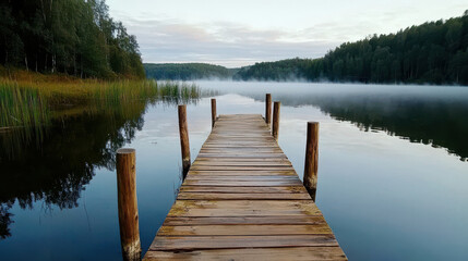 wooden pier extends into tranquil misty lake surrounded by lush greenery