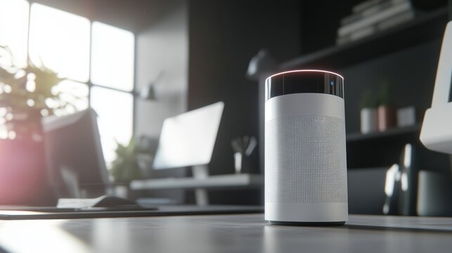 An advanced digital voice assistant with a sleek design in a clean, minimalist home office, featuring high-tech voice recognition and smart home control
