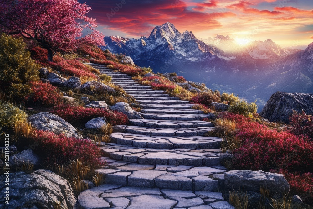 Poster a mountain range with a path leading up to it