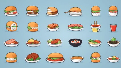 Vector line-art icon set representing different types of cuisine: sushi, burgers, tacos, and fine dining.