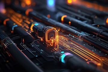 Futuristic circuitry with glowing elements for digital innovation and technology concepts.