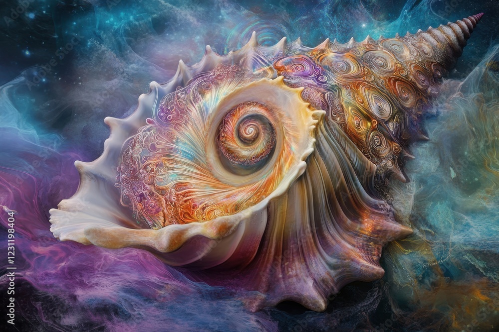 Poster a colorful shell with a spiral pattern is the main focus of the image