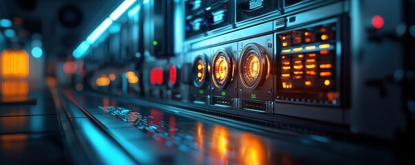 Obraz premium Futuristic control panel with glowing buttons and intricate electronic displays.