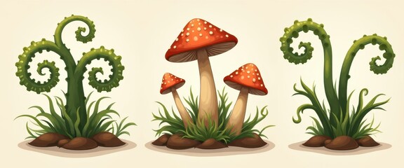Fantasy Forest Illustration Red Mushrooms Curly Ferns Nature Scene