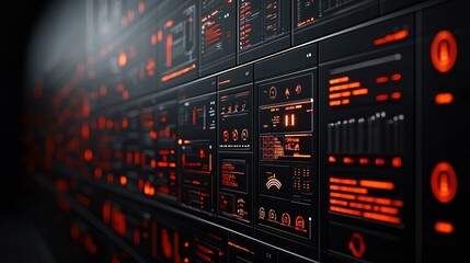 Futuristic control panel with glowing red interfaces and digital data displays.