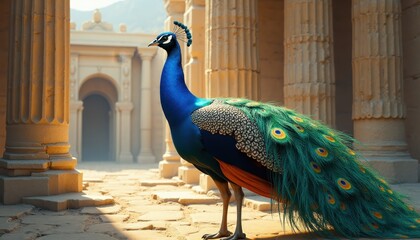 Majestic Peacock in Ancient Ruins Vibrant Plumage Exotic Bird Architectural Setting